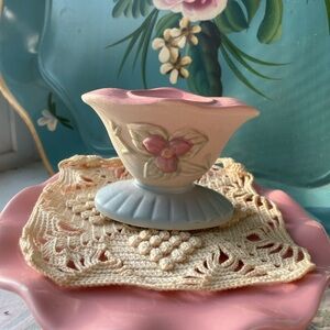 Pastel Floral Ceramic Candleholder / Vase - Pink and Blue